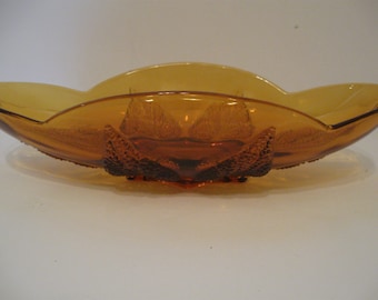 Vintage amber glass dish embossed leaf design scalloped edge bowl