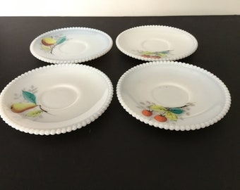 Vintage Westmoreland Glass beaded edge fruit motif milk glass saucers