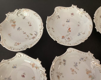 Antique Savoy Germany floral pierced bowls 6” set of 7 white gold pastel flowers Rosenthal