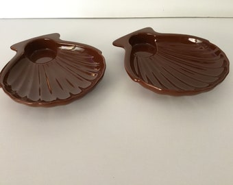 Vintage Hall clam shell dish set of 2 brown plates