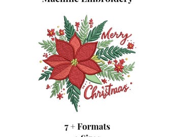 Frohe Weihnachten Kranz Stickdatei | Blumen-Poinsettia-Muster | Motiv Winterdeko | Maschinendatei