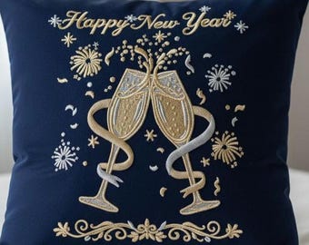 Frohes Neues Jahr Stickmuster | Champagner Feier Muster | Festliche Urlaub Applikation | Maschinendatei
