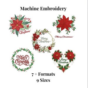 Peut inclure: Motifs de broderie machine avec des poinsettias rouges et le texte "Merry Christmas" dans divers arrangements, y compris des couronnes et des motifs floraux. L'image indique également "7+ Formats" et "9 Sizes".