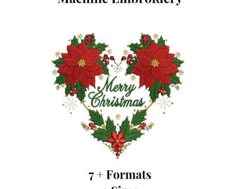 Weihnacht-Blumen-Poinsettia-Kranz-Stickerei-Design | Herz-Feiertags-Muster | Winter Blumendekor | Maschinendatei
