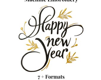 Frohes Neues Jahr Stickmuster | Blattgold Kalligraphie | Sweatshirt Maschinendatei | Urlaub Festliche Dekor