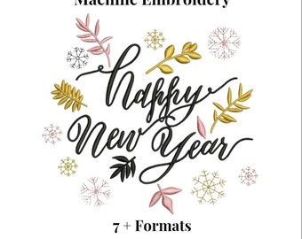 Frohes neues Jahr Maschinenstickdatei Festliche Blumen Schrift | Urlaub Muster | Wohnkultur Geschenk