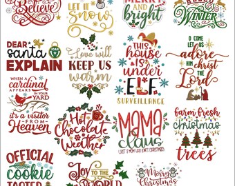 Weihnachts Zitate Stickmotive Mega Bundle | 15 Feiertage Designs | Wintermaschinendatei (Digital Download)