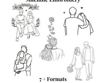 Paar Valentinstag Minimal Maschinenstickmotive Bündel | Verlobung & Hochzeit Romantisches Umrissmuster