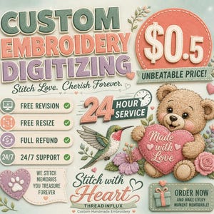 Könnte beinhalten: Werbung für individuelle Stickdigitalisierungsdienste. Das Design zeigt einen Teddybären, der ein Herz mit der Aufschrift "Made with Love" hält, einen Kolibri und den Text "Custom Embroidery Digitizing". Die Anzeige enthält auch den Text "Stitch Love. Cherish Forever."