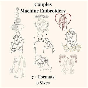 Può includere: Disegni di ricamo a macchina con coppie in varie pose. L'immagine include illustrazioni a tratteggio di coppie che si abbracciano, scene di matrimonio e momenti romantici. Il testo recita "Couples" e "7+ Formats 9 Sizes."
