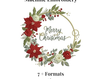 Frohe Weihnachten Kranz Stickdatei | Blumenmuster Urlaub | Motiv Winterdeko | Maschinendatei