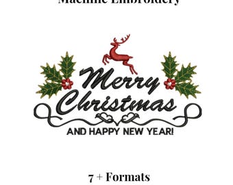 Frohe Weihnachten Rentier Stickdatei | Holly Script Muster | Festliche Dekoration | Neujahr Maschinendatei