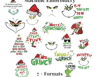 Weihnachten Grinch Maschinenstickmotive | Lustiges Urlaubs Zitate Sprüche Bündel | Multi-Format Digitale Datei