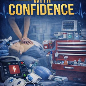May include: Image of a medical training scene with the text "RUN A CODE WITH CONFIDENCE." A person is receiving chest compressions. Medical equipment includes a defibrillator, oxygen mask, and a red toolbox. The text "Nursing Home & Long-Term Care Edition" is also visible.