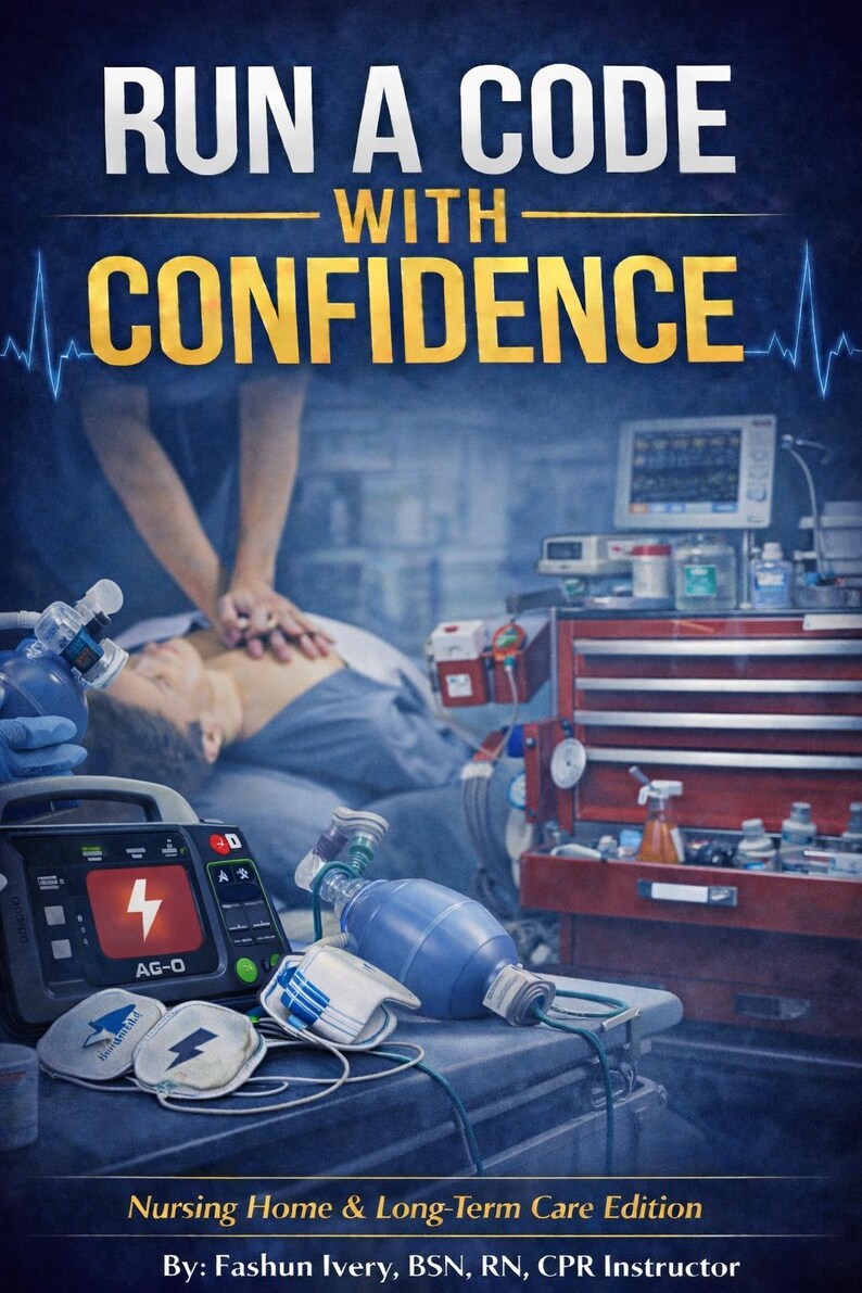 May include: An image depicting a medical training scenario with the text "RUN A CODE WITH CONFIDENCE." A person is receiving chest compressions. Medical equipment includes a defibrillator, oxygen mask, and a red toolbox. The text "Nursing Home & Long-Term Care Edition" is also visible.