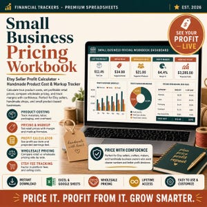 May include: A digital small business pricing workbook displayed on a laptop screen, featuring a dashboard with cost, retail, wholesale, and profit margin data. The layout includes text headers, icons, a brown tag with 'handmade with heart', and a notebook.