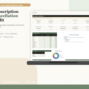 May include: A laptop screen shows a "Subscription Cancellation Audit" dashboard. The screen displays data tables, charts, and the text "Find Hidden Monthly Leaks." The document tracks recurring charges, renewal dates, and savings. The design includes green and beige elements.