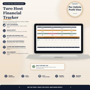 May include: A laptop displays a financial tracker with the text "Turo Host Financial Tracker." The screen shows data summaries, including revenue, mileage, and expenses. Additional text includes "Host Dashboard," "Vehicle Setup," and "Income and Expense Logs."