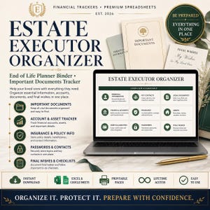 May include: An Estate Executor Organizer digital planner displayed on a laptop screen, featuring an overview dashboard with categories for personal information, key contacts, legal documents, financial accounts, insurance, assets, debts, passwords, and final wishes.