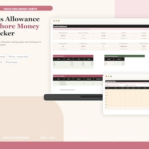 May include: A digital chore money tracker with a pink and white color scheme. The text "Kids Allowance & Chore Money Tracker" is displayed, along with a family dashboard and chore chart. The tracker helps track chores, allowance, savings goals, and money jars.