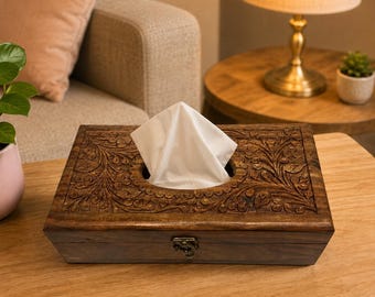 Handcrafted Sheesham Wood Carved Tissue Holder