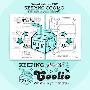 May include: A downloadable PDF titled "KEEPING COOLIO (What's in your fridge?)" features a black and white illustration of a milk carton, a refrigerator, and other food items. The design includes teal accents and the text "Vitamin D Milk."