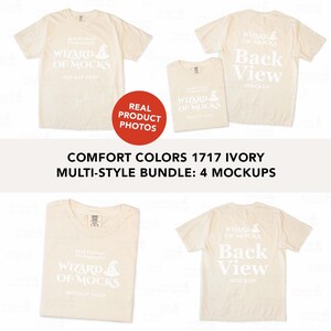 May include: A bundle of four ivory Comfort Colors 1717 t-shirts displayed in various folded and flat-lay arrangements. The shirts feature white printed text reading Wizard of Mocks, Real Product Photography, and Back View Mockup.