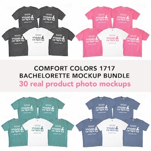 May include: A collection of t-shirts in various colors, including gray, white, pink, teal, and blue. Each shirt features the text "WIZARD OF MOCKS" and a wizard hat graphic. The image also includes the text "COMFORT COLORS 1717 BACHELORETTE MOCKUP BUNDLE".