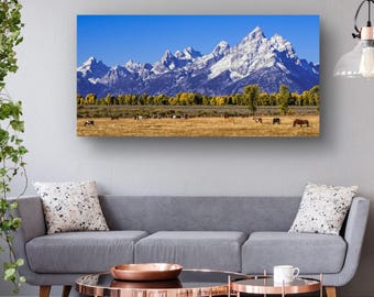 Grand Teton Wild Horses Wall Art, American West Snowy Mountains Landscape, Panoramic Print