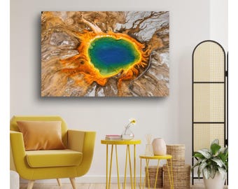 Yellowstone Grand Prismatic Hot Spring Aerial Photo, Vibrant Nature Wall Art