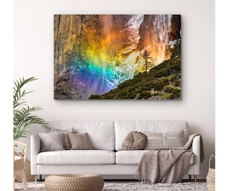 Yosemite Falls Rainbow Photo, Vibrant Waterfall Wall Art, Lone Tree
