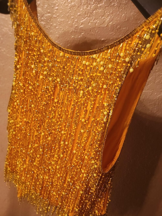 Beaded Fringe Top – 1980s Sequined Miami Glam