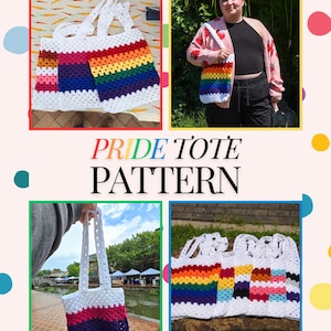 Puede incluir: Un bolso tote de ganchillo con un diseño de arcoíris. El bolso presenta una base blanca con rayas rojas, naranjas, amarillas, verdes, azules y moradas. Se muestra el texto "PRIDE TOTE PATTERN". La imagen también muestra el logotipo de Fern and Fable Makers Guild.