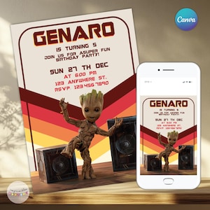Puede incluir: Una invitación de cumpleaños con el nombre "Genaro" en una fuente retro. La invitación incluye la fecha, la hora y el lugar. Una pequeña figura de Groot está frente a la invitación, con un teléfono inteligente que muestra el mismo diseño.