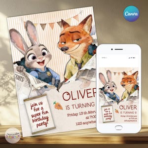 Puede incluir: Una invitación de cumpleaños con Judy Hopps y Nick Wilde de Zootopia. La invitación incluye el texto "Oliver is turning" y "Join us for a super fun birthday party!" Un smartphone muestra el mismo diseño.