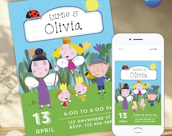 Ben and Holly's Little Kingdom Birthday Party Invitation, birthday invitation, editable digital design in Canva.