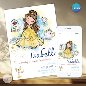 Puede incluir: Una invitación de cumpleaños con una ilustración de dibujos animados de una princesa con un vestido amarillo, una rosa en una cúpula de cristal, una taza y una tetera. La invitación dice "¡Isabella cumple 5 años, únete a la celebración!" e incluye detalles.