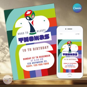 May include: A birthday invitation with a colorful design, featuring the text "ROAD TO GLORY! THOMAS 10 TH BIRTHDAY." The invitation includes the date, time, and RSVP information. A smartphone displays the same design.
