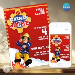 Puede incluir: Una invitación de cumpleaños de Bombero Jaime roja y amarilla con el texto "Sound the Alarm!" y "Is Turning 4". La invitación presenta un bombero de dibujos animados y se muestra en un teléfono inteligente.