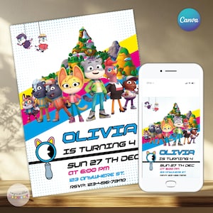 May include: A birthday party invitation featuring cartoon characters, the name "OLIVIA", and the text "IS TURNING 4". The invitation includes the date, time, and location. A smartphone displays the same design.