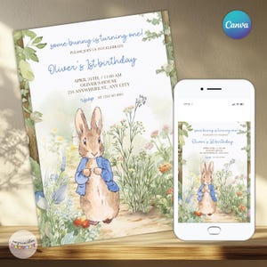 May include: A printed invitation for a first birthday party featuring a watercolor illustration of a rabbit in a blue jacket. The invitation includes the text "some bunny is turning one!" and details for the event.