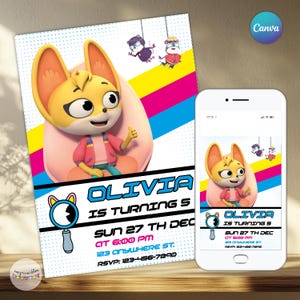 May include: A birthday party invitation featuring a cartoon character with large ears, wearing a pink jacket. The invitation includes the text "OLIVIA IS TURNING 5" and event details. A smartphone displays the same design.