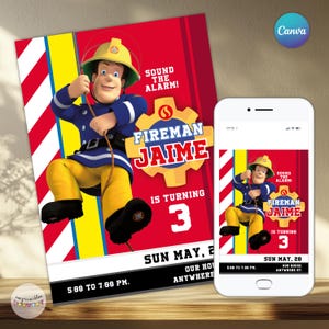 Puede incluir: Una invitación de fiesta de cumpleaños con un bombero de dibujos animados con uniforme azul y pantalones amarillos. La invitación es roja con el texto "FIREMAN JAIME" y "IS TURNING 3". Un smartphone muestra el mismo diseño.
