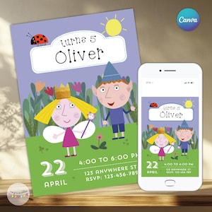 Puede incluir: Una invitación de cumpleaños con personajes de dibujos animados, una mariquita y un sol. La invitación dice "turns 5 Oliver" e incluye la fecha, la hora, la dirección y la información de RSVP. Un smartphone muestra el mismo diseño.
