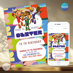 Puede incluir: Una invitación de cumpleaños colorida con personajes de animales de dibujos animados. La invitación incluye el texto "Road to Glory!" y "Olyter 12th Birthday" con detalles del evento. Un smartphone muestra el mismo diseño.