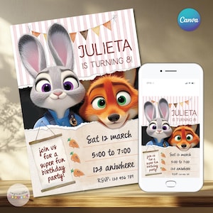 Puede incluir: Invitación de fiesta de cumpleaños con Judy Hopps y Nick Wilde de Zootopia. La invitación incluye el texto "¡JULIETA CUMPLE 8!" y detalles de la fiesta. Un smartphone muestra el mismo diseño de invitación.