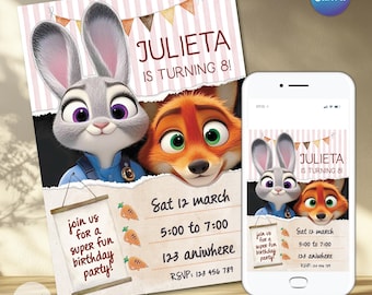 Invitación para fiesta de cumpleaños Zootopia para niños y niñas,  invitación para cumpleaños, diseño digital editable en Canva.