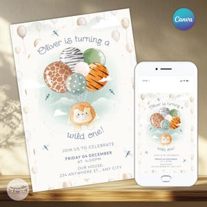 Puede incluir: Una invitación de cumpleaños con una ilustración de un león sosteniendo globos con estampados de animales. El texto dice "Oliver is turning a wild one!" e incluye detalles del evento. Un teléfono muestra el mismo diseño.