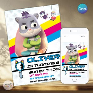 May include: A birthday invitation featuring a cartoon character with the text "OLIVER IS TURNING 6". The design includes a cartoon illustration of a gray bear-like character wearing a green jacket and blue pants. The invitation is displayed on a white background with colorful stripes and a smartphone.