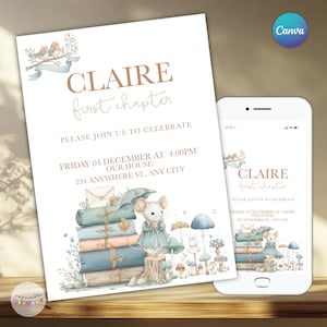 Puede incluir: Una invitación digital con el texto "CLAIRE first chapter" en una fuente caprichosa. El diseño presenta una ilustración de acuarela de un ratón, libros y setas. Un smartphone muestra la misma invitación.
